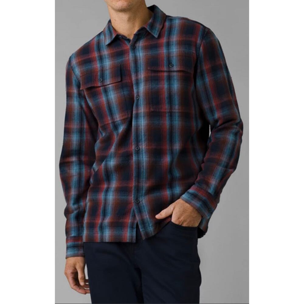 PRANA Mens Glover Park Blue Red Plaid Lined Flannel Shacket Size Large